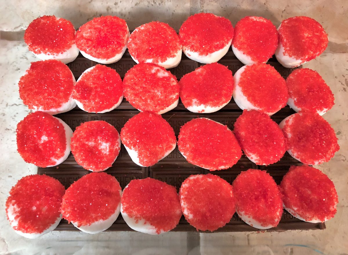 Captain America S'mores Dip - lined with marshmallows and colored sugar