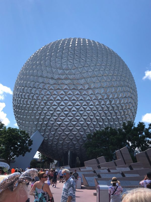 Spaceship Earth, in Epcot, as seen from the entrance.