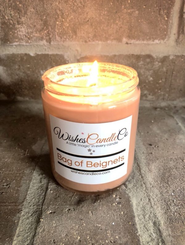 Lit candle from Wishes Candle Co