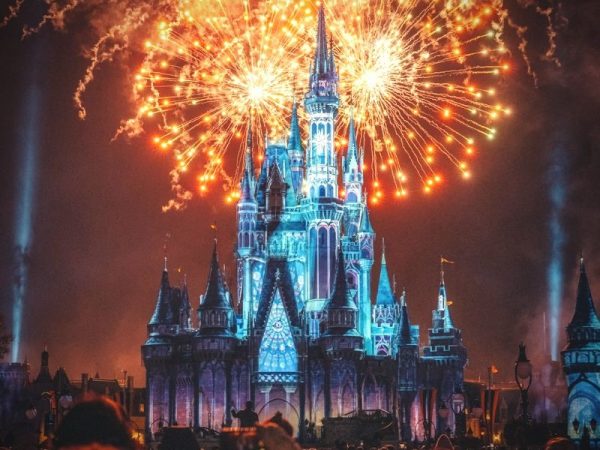 Cinderella Castle at night with fireworks