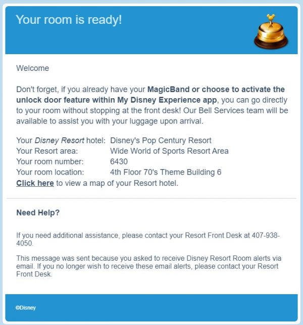 Sample of an email you'll receive to tell you your room is ready after using Online Check-in