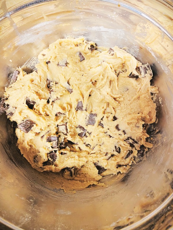 Belgian Semi-Sweet Chocolate Chunks mixed into raw cookie dough