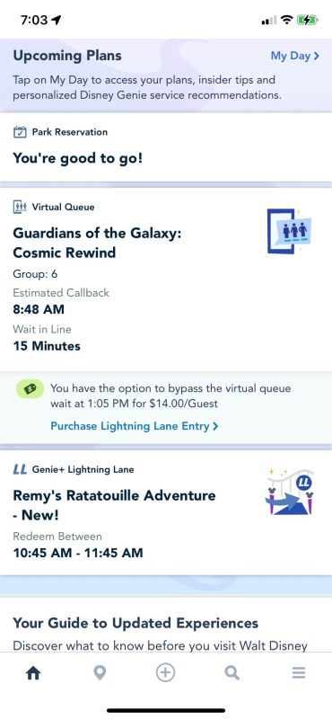 Screenshot of Virtual Queue and Genie+ for Guardians of the Galaxy: Cosmic Rewind and Remy's Ratatouille Adventure