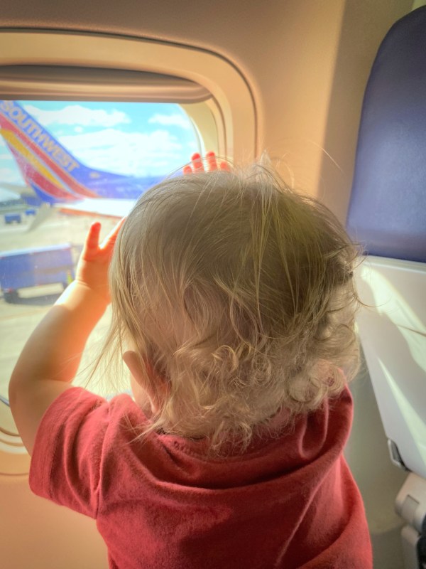 Baby looking out of a plane window