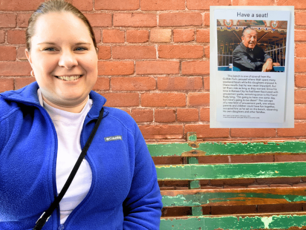 Sitting on a bench from Griffith Park at the Walt Disney Family Museum in San Francisco