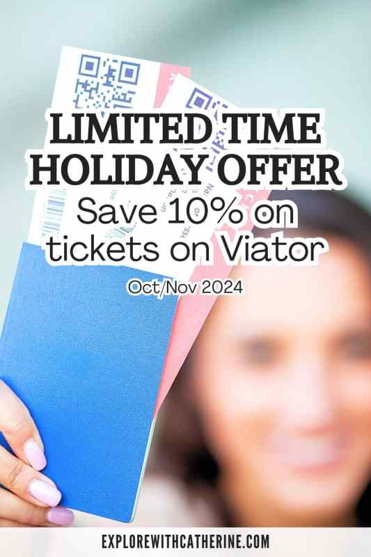 Pinterest graphic for Viator discount on tickets for the holiday season in 2024