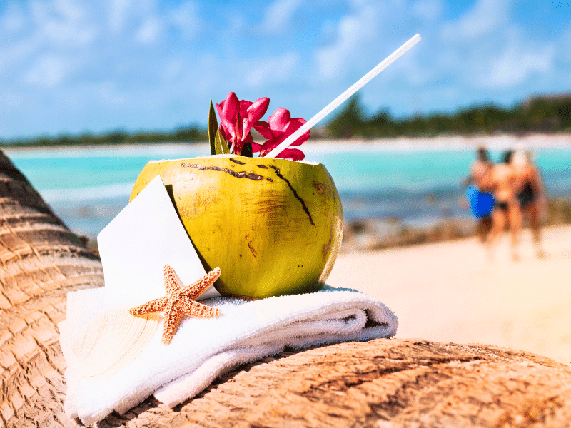 Tropical Coconut drink with a flower, sitting on a towel with a sea seat perched against the coconut.