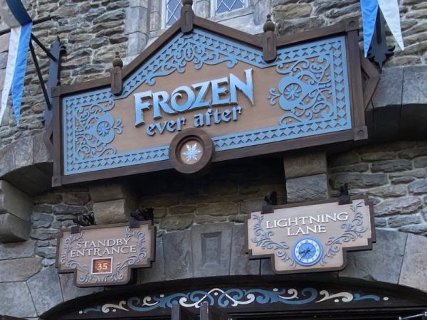 Frozen Ever After Entrance with Standby and Lightning Lane signs showing