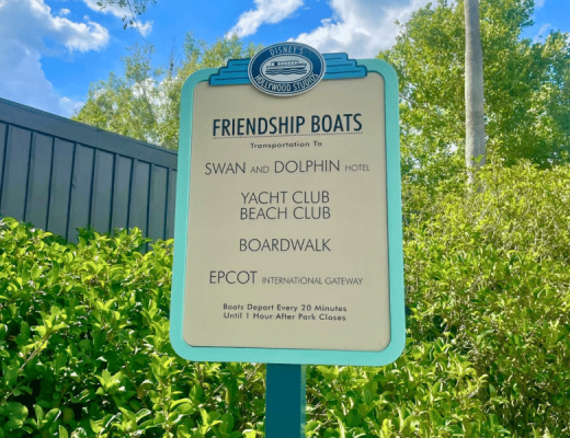 Friendship boats sign at Hollywood Studios. Transportation to Swan and Dolphin hotel. yacht club, beach club, boardwalk, and the EPCOT international gateway. Boats depart every 20 minutes until one hour after park closes.