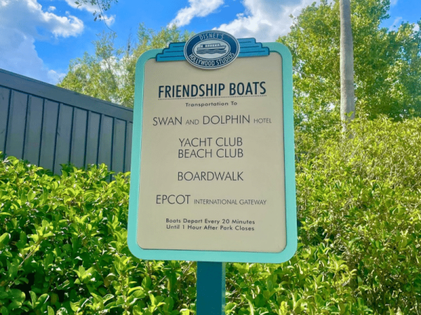 Friendship boats sign at Hollywood Studios. Transportation to Swan and Dolphin hotel. yacht club, beach club, boardwalk, and the EPCOT international gateway. Boats depart every 20 minutes until one hour after park closes.