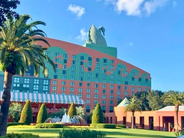 The Disney Swan Resort, complete with the swan on the roof
