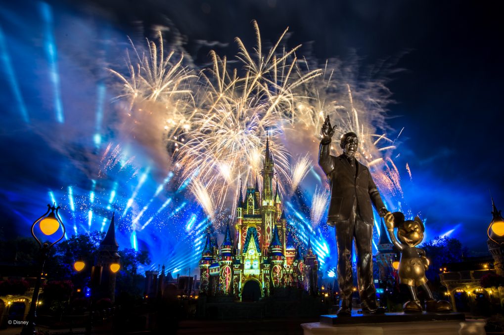 The Magic Kingdom Hub, featuring fireworks and the Partner Statue 